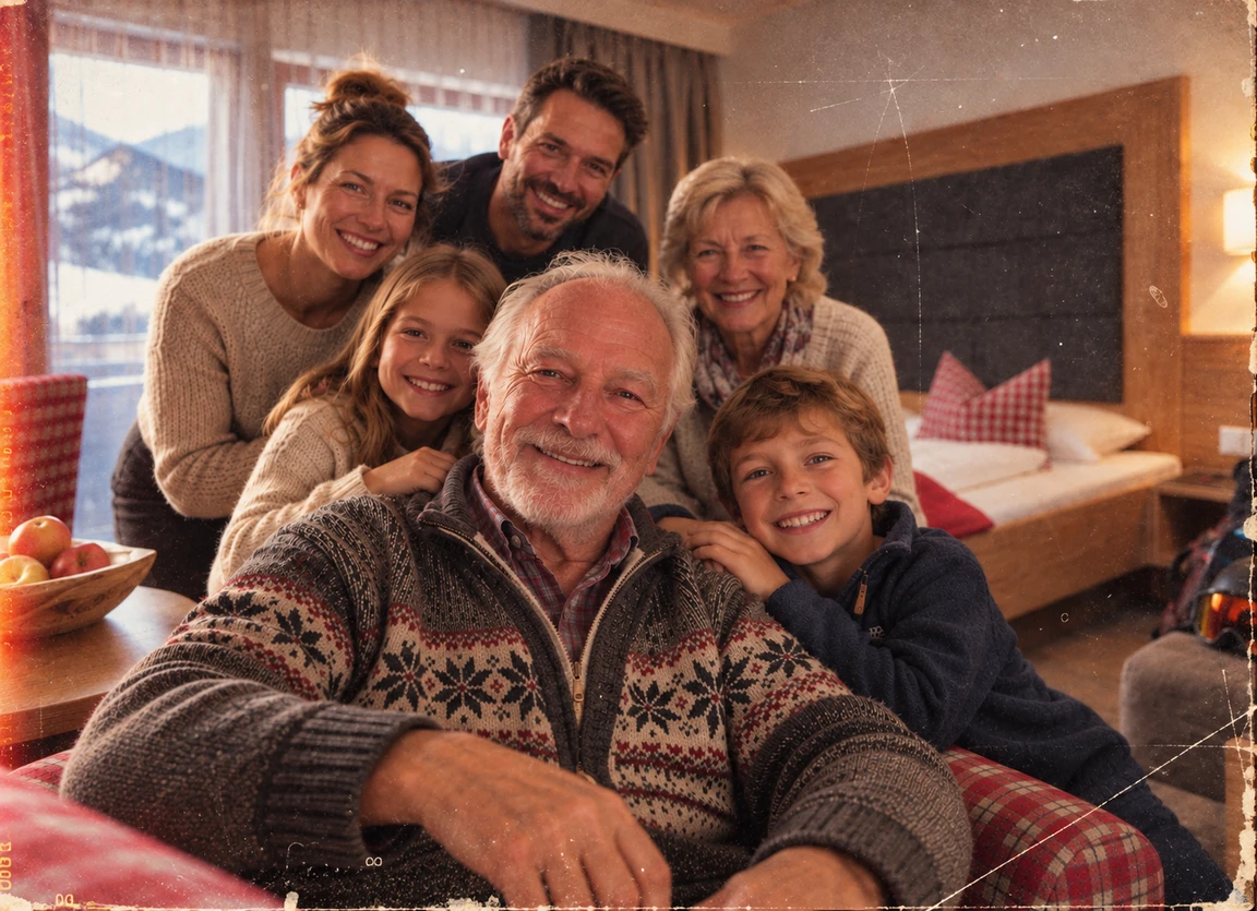 Großeltern, Eltern und zwei Kinder im Hotelzimmer, vorne der Großvater im Norwegerpullover, daneben die Enkelkinder.
