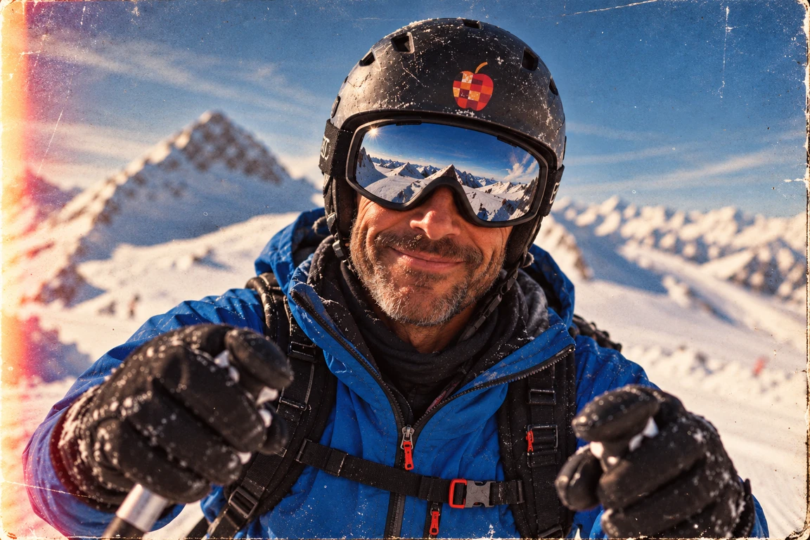Skifahrer mit Helm und verspiegelter Skibrille blickt in die Kamera, Stöcke nach vorn, dahinter Skipisten in Tux.